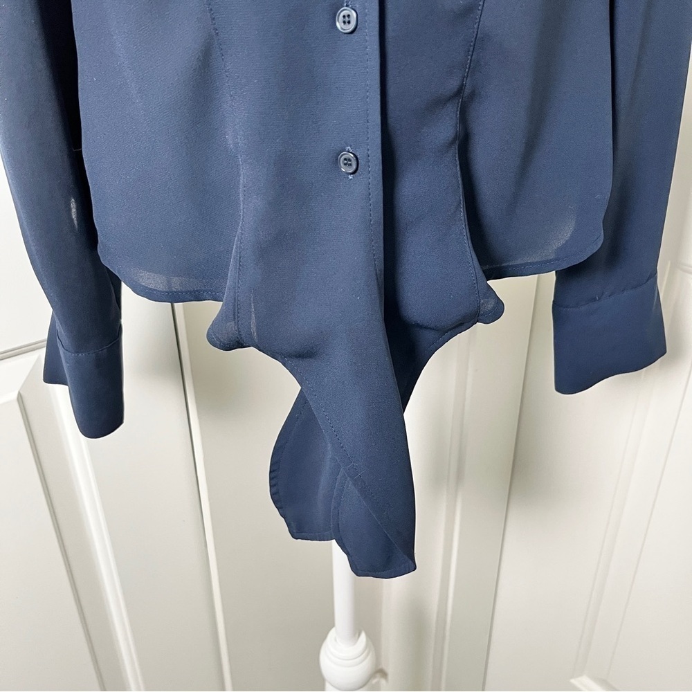 Suzy Shier Navy Button-Up Tie Front Blouse w/ Peek-a-boo Back Detail - M/L - Picture 7 of 13